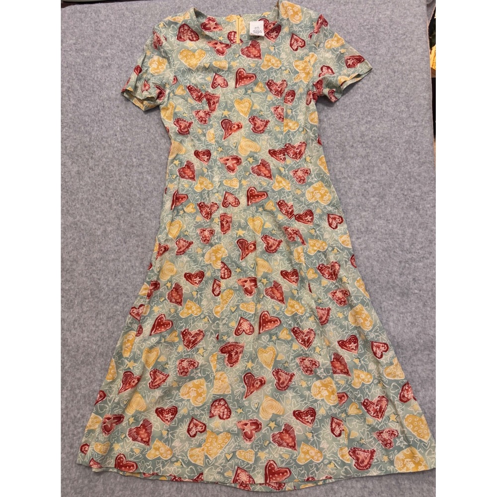 Vintage Jerell Inc Heart Star Print Rayon Midi Dress Green Red Size 6 90s USA